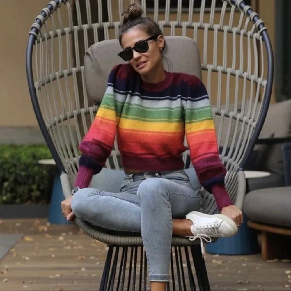 NWT Zara Puffed Sleeve Sweater Women's Size XL Multi Stripe Rainbow Jumper